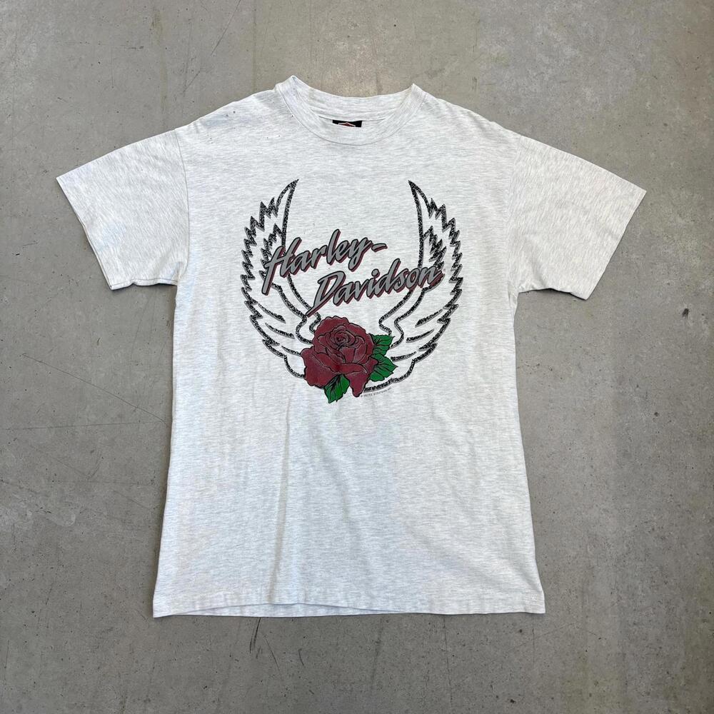 Vintage 90s Harley Davidson Flying Rose Logo Biker T-Shirt Medium Gray